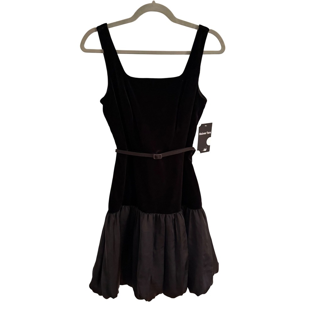 Maison Tara Black Velvet Bubble Hem Mini Dress Belted Square Neck Size 6 NEW